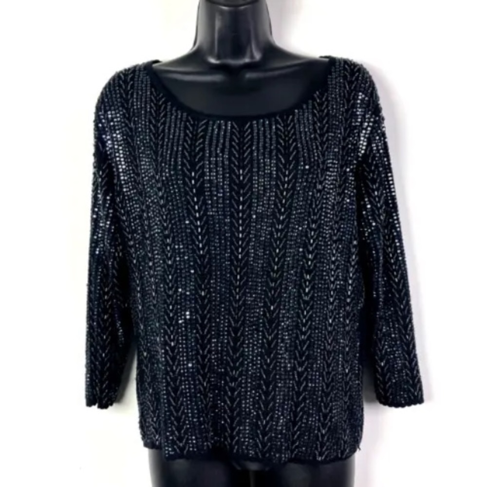 Belford M silk Embellished Beaded Sequin Sweater pullover 3/4 sleeve
